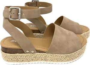SODA Casual Espadrilles Trim Rubber Sole Flatform Studded Wedge Buckle Ankle Strap Open Toe Sandal (10 M US, Natural T)