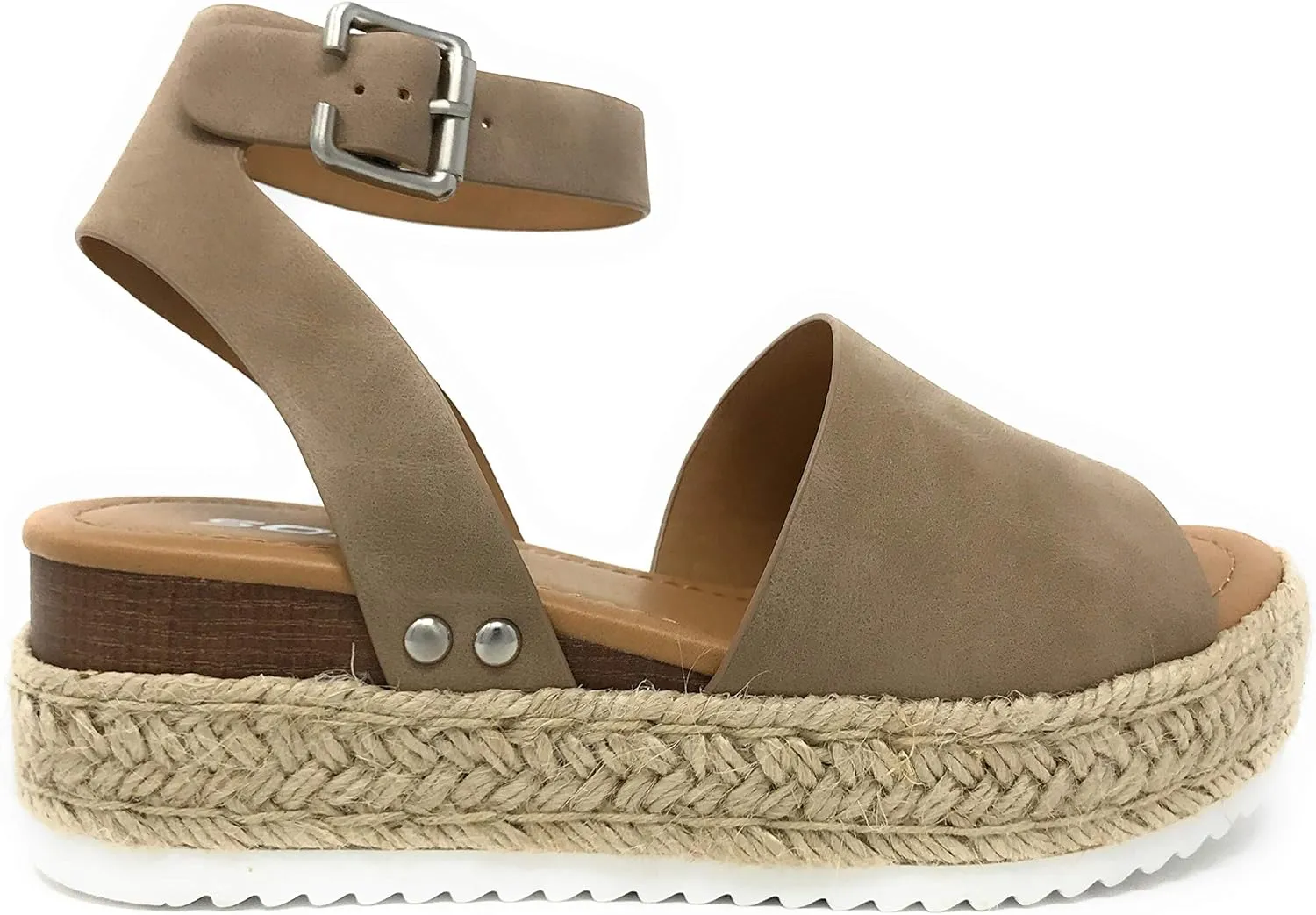 SODA Casual Espadrilles Trim Rubber Sole Flatform Studded Wedge Buckle Ankle Strap Open Toe Sandal (8 M US, Natural T)