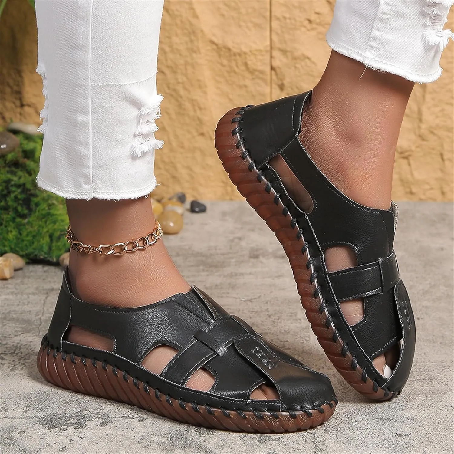 Soft Comfortable Sandals for Women Summer Casual Closed Toe Hollow Out Slip On Loafers Flat Fisherman Sandal Comfy Cute Shoes Breathable Walking Orthopedic Beach Cowhide Comfort Driving