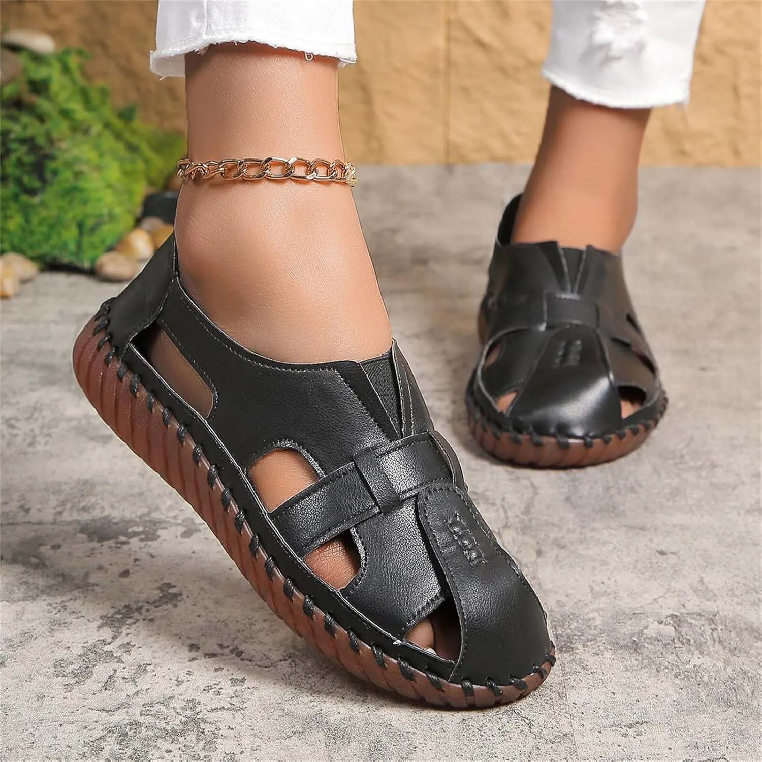 Soft Comfortable Sandals for Women Summer Casual Closed Toe Hollow Out Slip On Loafers Flat Fisherman Sandal Comfy Cute Shoes Breathable Walking Orthopedic Beach Cowhide Comfort Driving