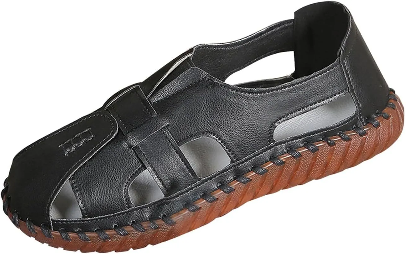 Soft Comfortable Sandals for Women Summer Casual Closed Toe Hollow Out Slip On Loafers Flat Fisherman Sandal Comfy Cute Shoes Breathable Walking Orthopedic Beach Cowhide Comfort Driving