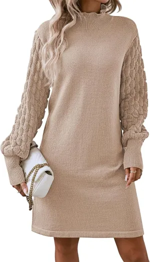 Sovoyontee Women's 2024 Fall Long Sleeve Mock Neck Sweater Dress Casual Loose Ribbed Knit Mini Short Pullover Dresses
