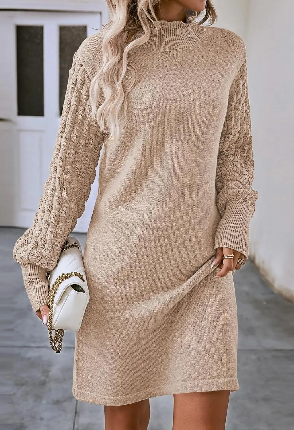 Sovoyontee Women's 2024 Fall Long Sleeve Mock Neck Sweater Dress Casual Loose Ribbed Knit Mini Short Pullover Dresses