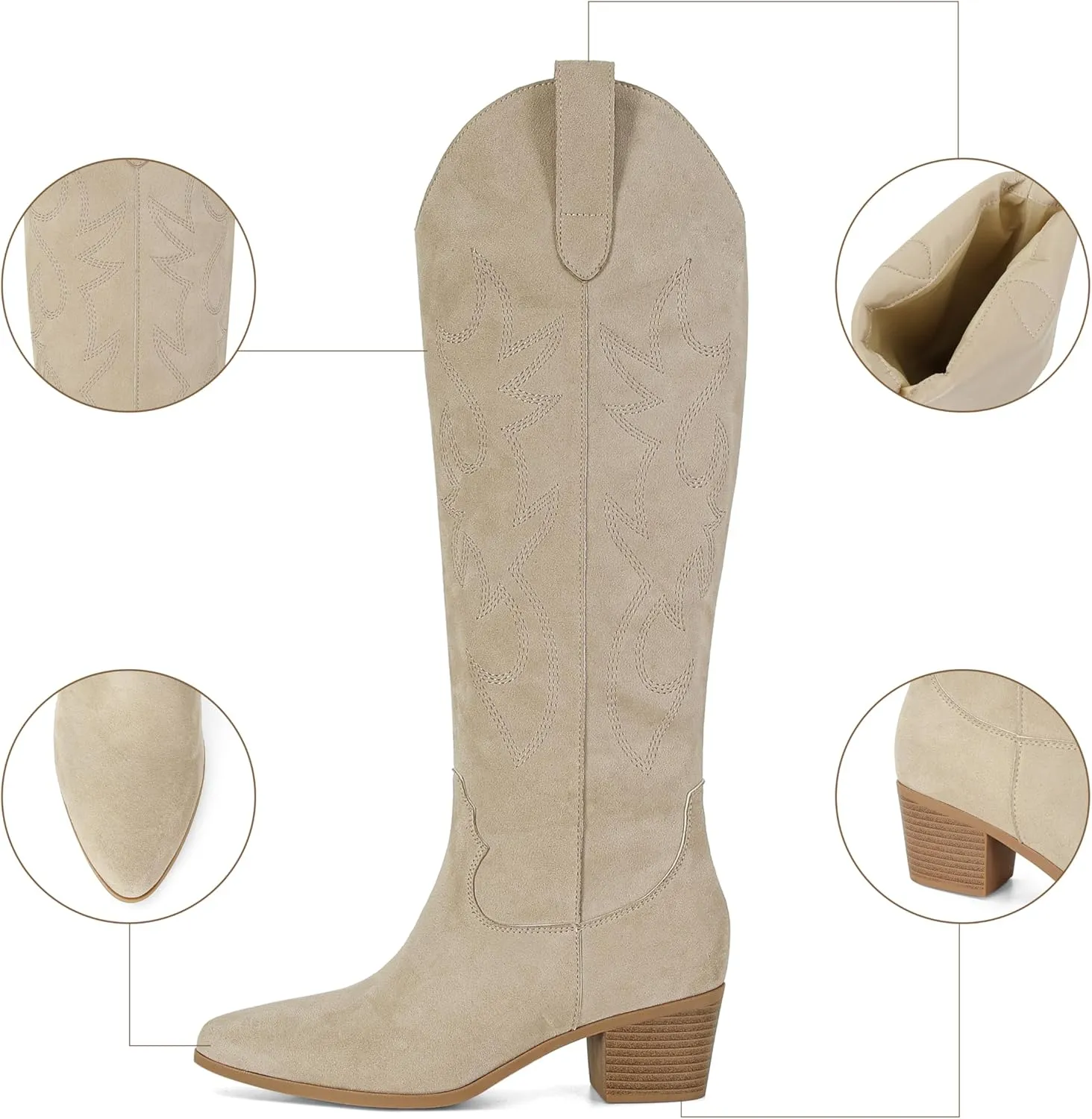 STALOV Cowboy Boots for Women,Western Pointed Toe Chunky Heel Pull-On Knee High Cowgirl Boots Fashion Embroidered Tall