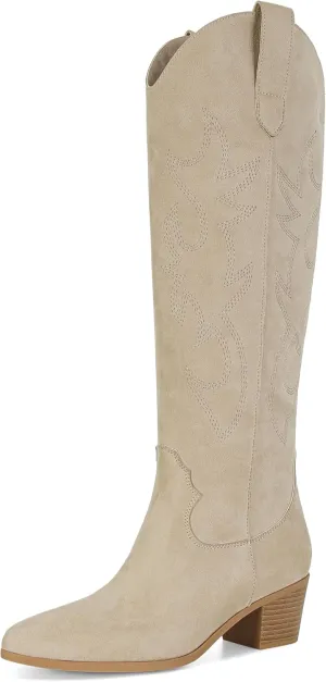 STALOV Cowboy Boots for Women,Western Pointed Toe Chunky Heel Pull-On Knee High Cowgirl Boots Fashion Embroidered Tall