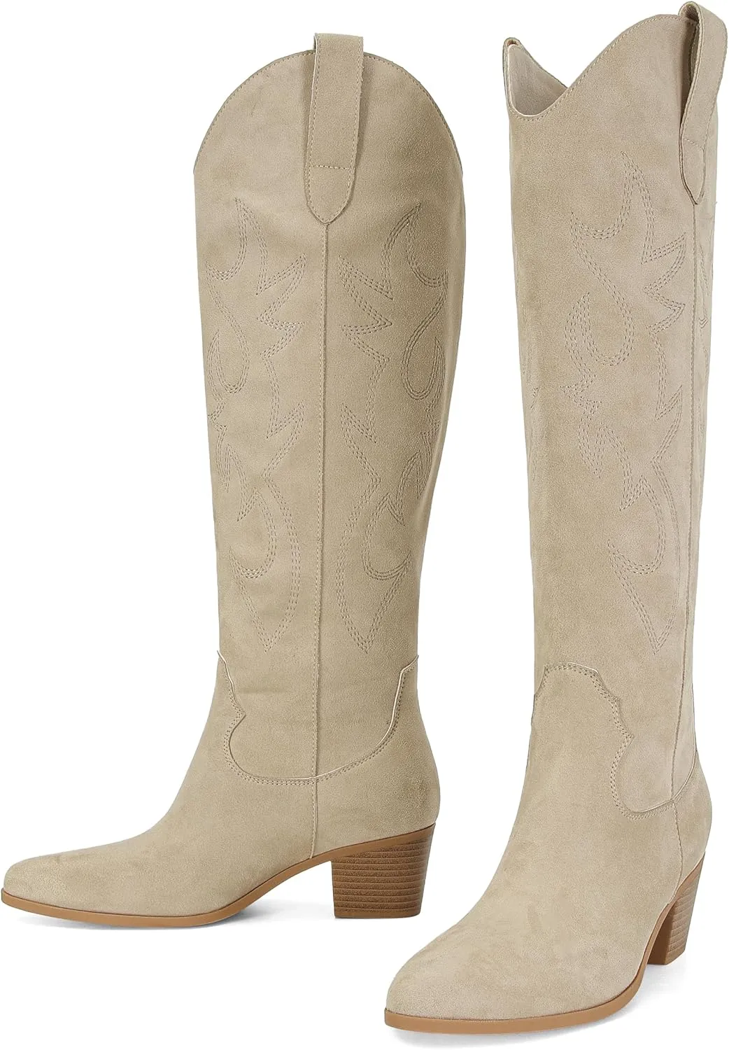 STALOV Cowboy Boots for Women,Western Pointed Toe Chunky Heel Pull-On Knee High Cowgirl Boots Fashion Embroidered Tall