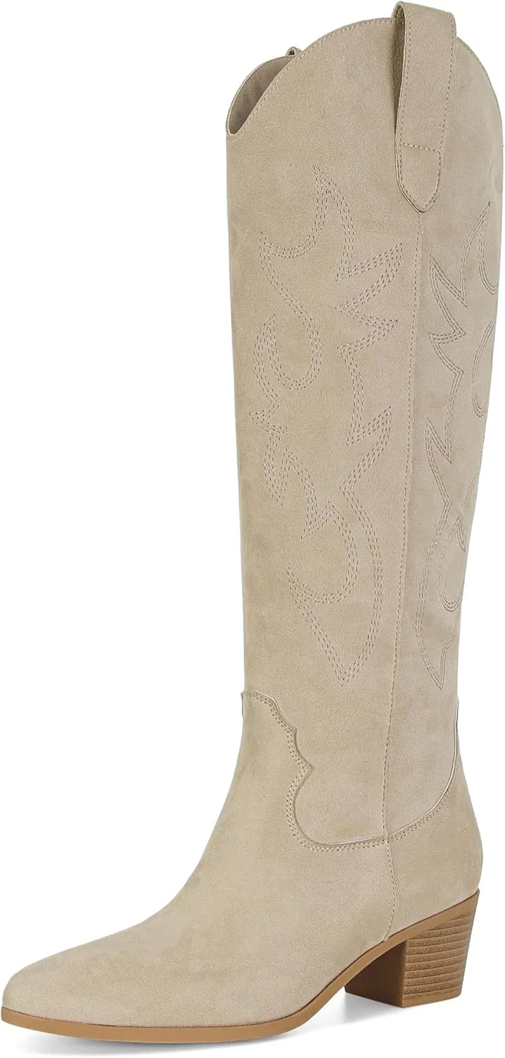 STALOV Cowboy Boots for Women,Western Pointed Toe Chunky Heel Pull-On Knee High Cowgirl Boots Fashion Embroidered Tall
