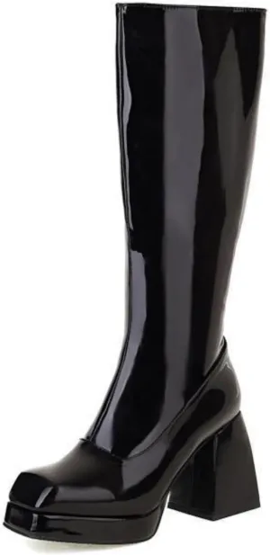 STALOV Platform Gogo Boots for women Knee High Square Toe Tall Boots Block Chunky Heel Stretchy Leather Long Boots