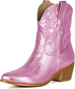 STALOV Short Cowgirl Boots for Women Embroidered Cowboy Ankle Boots,Pointed Toe Low Chunky Heel Pull On Western Stitched Boots