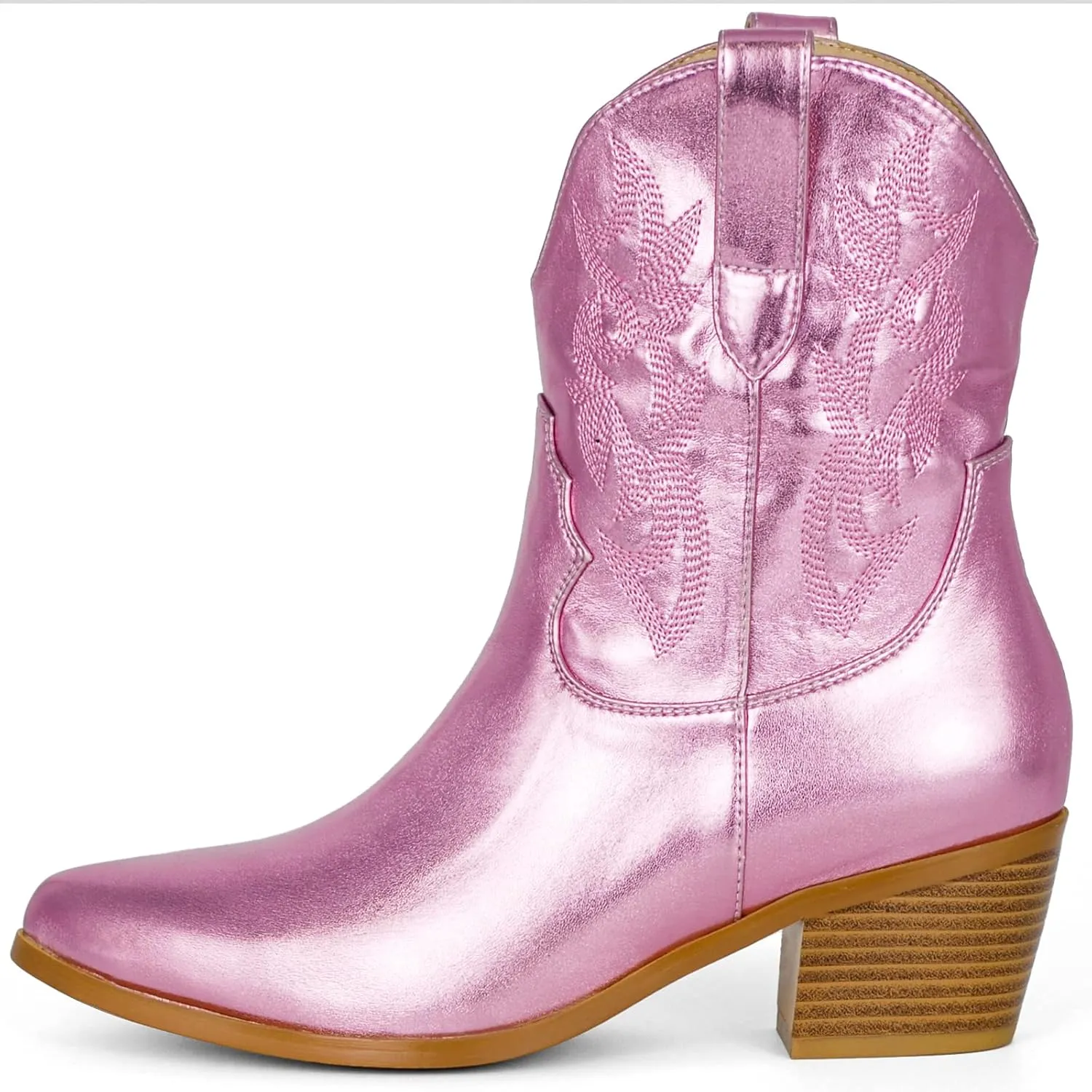 STALOV Short Cowgirl Boots for Women Embroidered Cowboy Ankle Boots,Pointed Toe Low Chunky Heel Pull On Western Stitched Boots