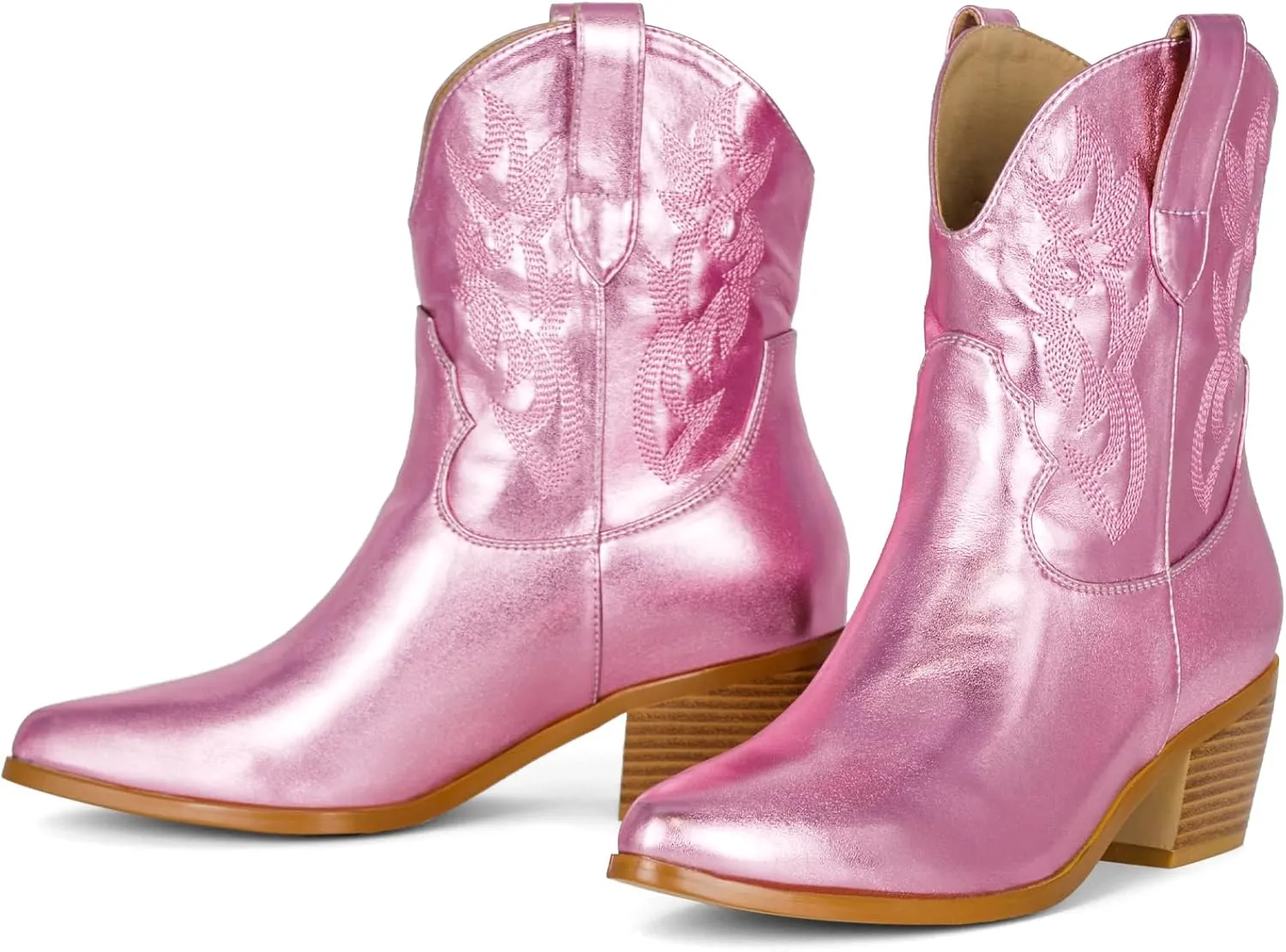 STALOV Short Cowgirl Boots for Women Embroidered Cowboy Ankle Boots,Pointed Toe Low Chunky Heel Pull On Western Stitched Boots
