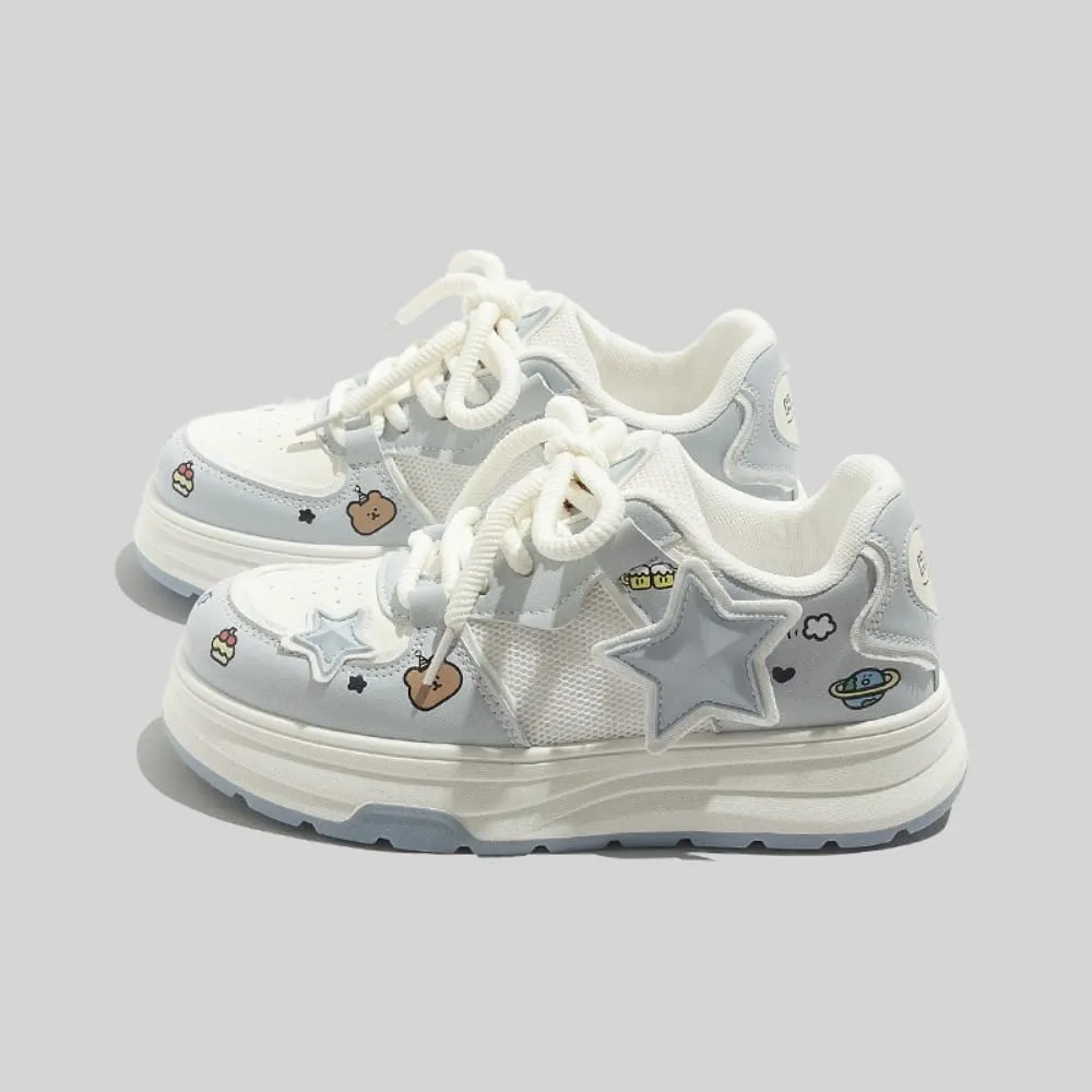 Star Print Women's Shoes Women's Platform Shoes Thick Sole Star Pattern Mesh Breathable Sneakers Women's Fashion Elevated Comfort Casual Plimsolls Lightweight Breathable Design