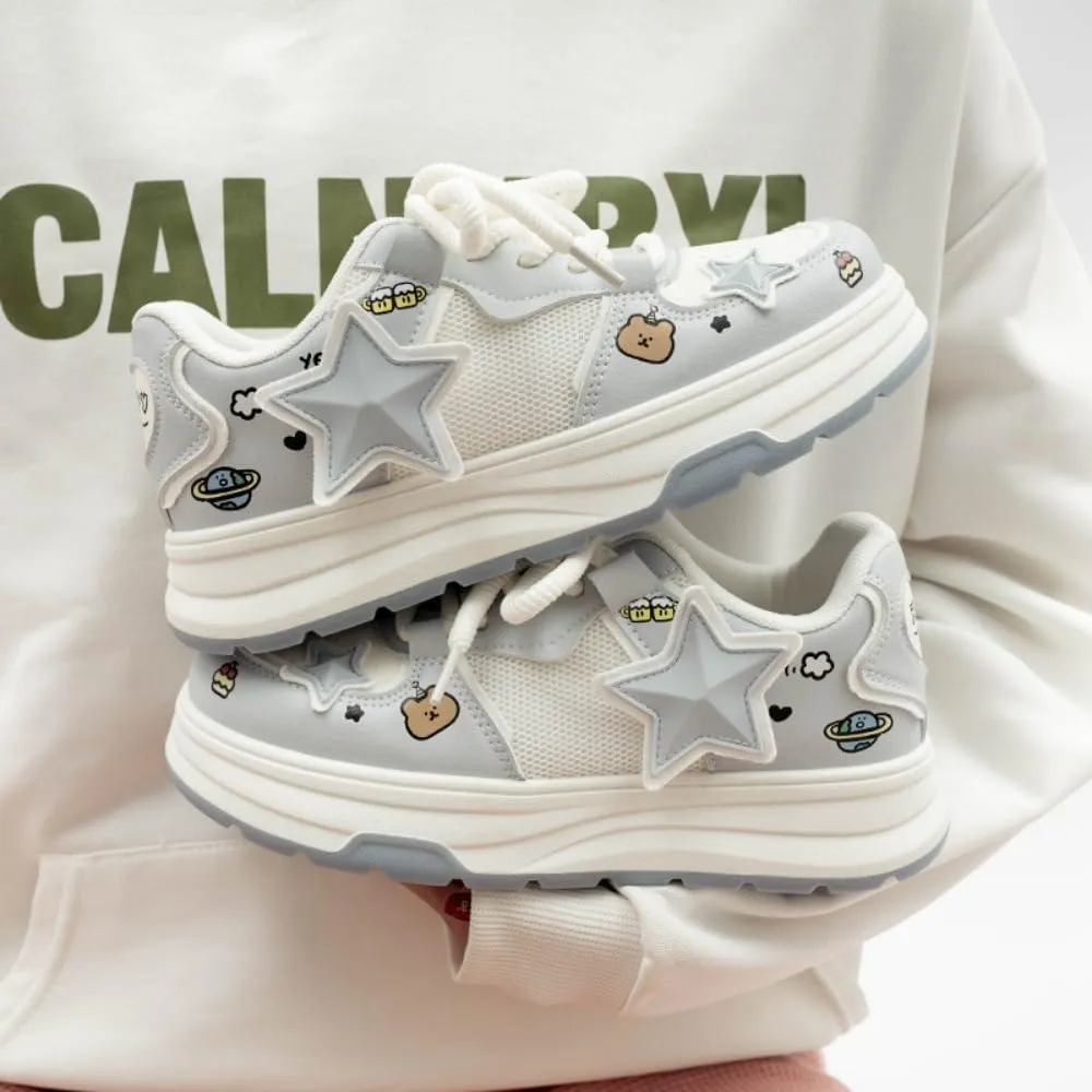 Star Print Women's Shoes Women's Platform Shoes Thick Sole Star Pattern Mesh Breathable Sneakers Women's Fashion Elevated Comfort Casual Plimsolls Lightweight Breathable Design