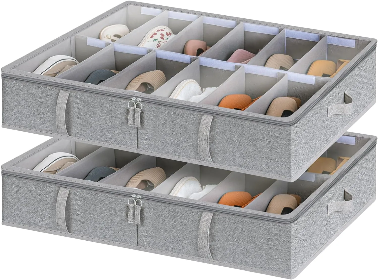 StorageWorks Under Bed Shoe Storage Organizer, Underbed Shoes Container with Adjustable Dividers, Shoe Storage Basket with Cover, Grey, 2-Pack, Space-Saving Shoe Box Fits up to 24 Pairs