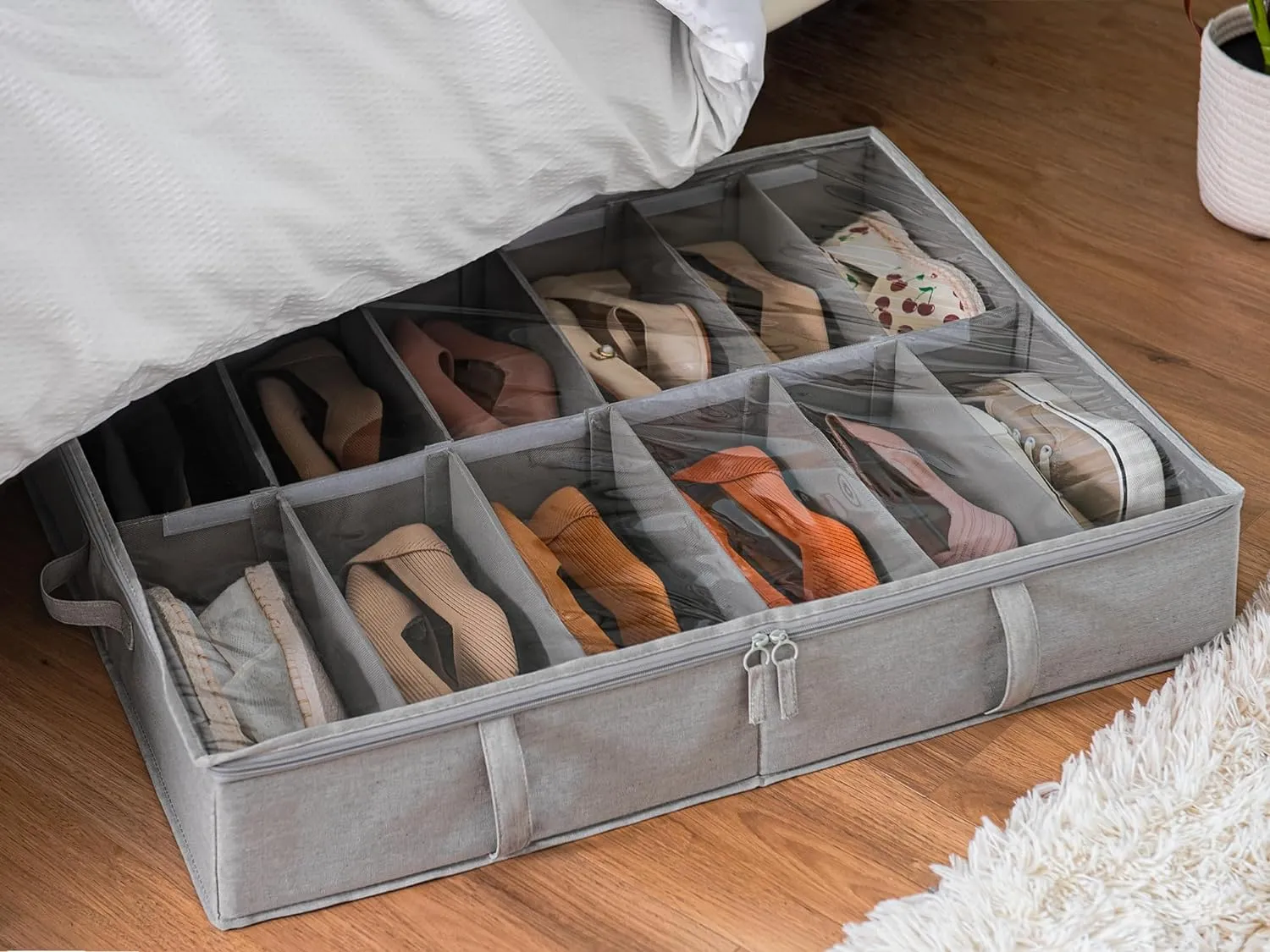 StorageWorks Under Bed Shoe Storage Organizer, Underbed Shoes Container with Adjustable Dividers, Shoe Storage Basket with Cover, Grey, 2-Pack, Space-Saving Shoe Box Fits up to 24 Pairs