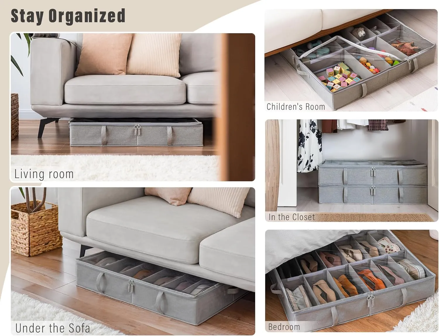 StorageWorks Under Bed Shoe Storage Organizer, Underbed Shoes Container with Adjustable Dividers, Shoe Storage Basket with Cover, Grey, 2-Pack, Space-Saving Shoe Box Fits up to 24 Pairs