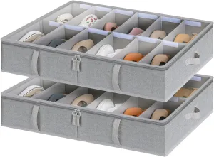 StorageWorks Under Bed Shoe Storage Organizer, Underbed Shoes Container with Adjustable Dividers, Shoe Storage Basket with Cover, Grey, 2-Pack, Space-Saving Shoe Box Fits up to 24 Pairs