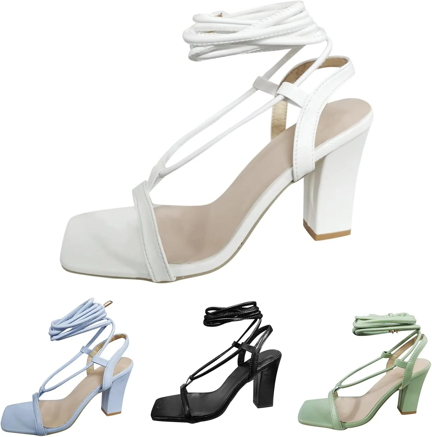 Strappy Heels for Women Bow Ankle Wrap Chunky Heels Open Toe Strappy Sandals Wedding Bride Dressy Pumps Block Heels