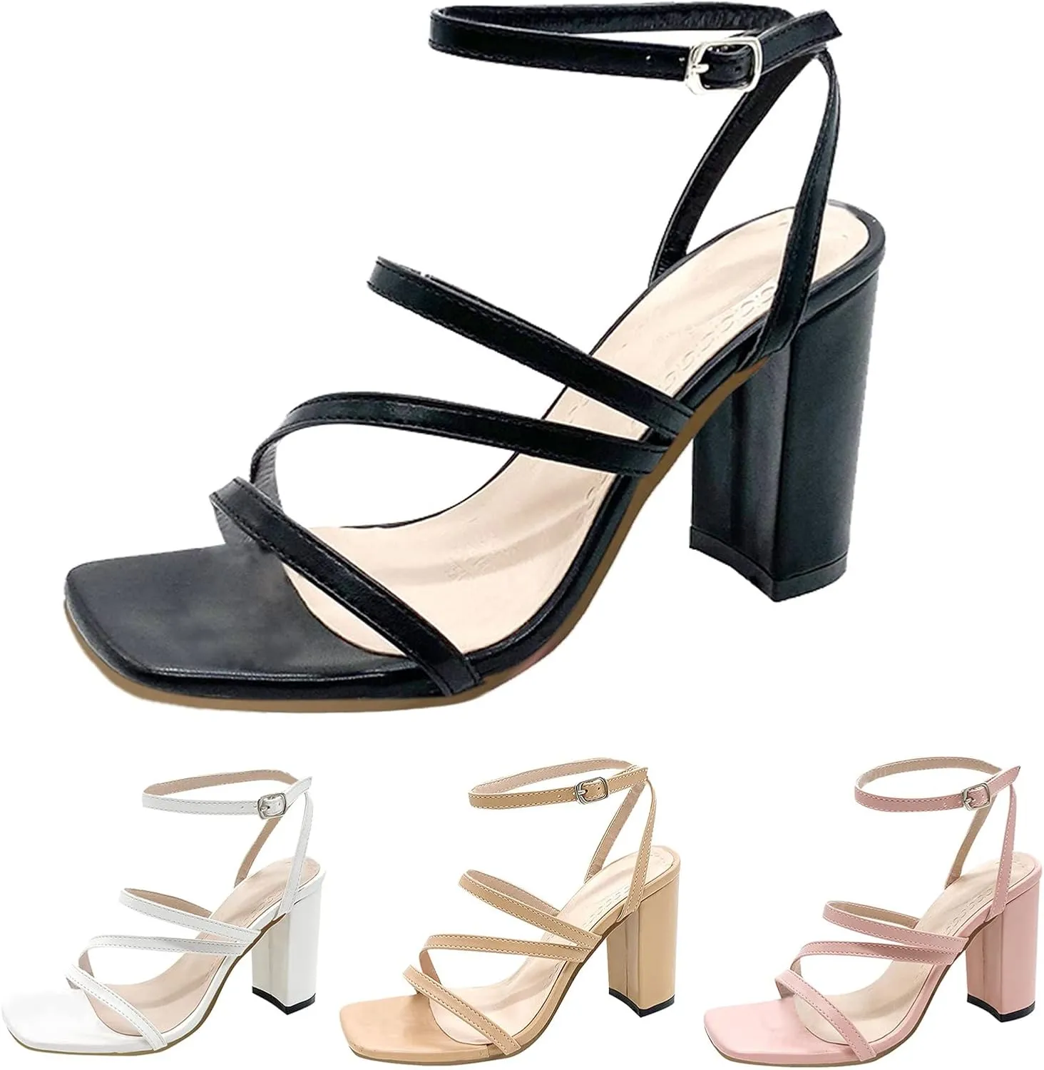 Strappy Heels for Women Open Toe Heel Sandals Chunky Ankle Buckle Stiletto Pumps Heeled Sandals Chunky Heels