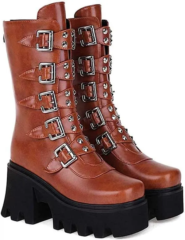 Studded Mid Calf Boots for Women Thick Platform Round Toe Black Goth Punk Buckle Rivet Combat lady boots
