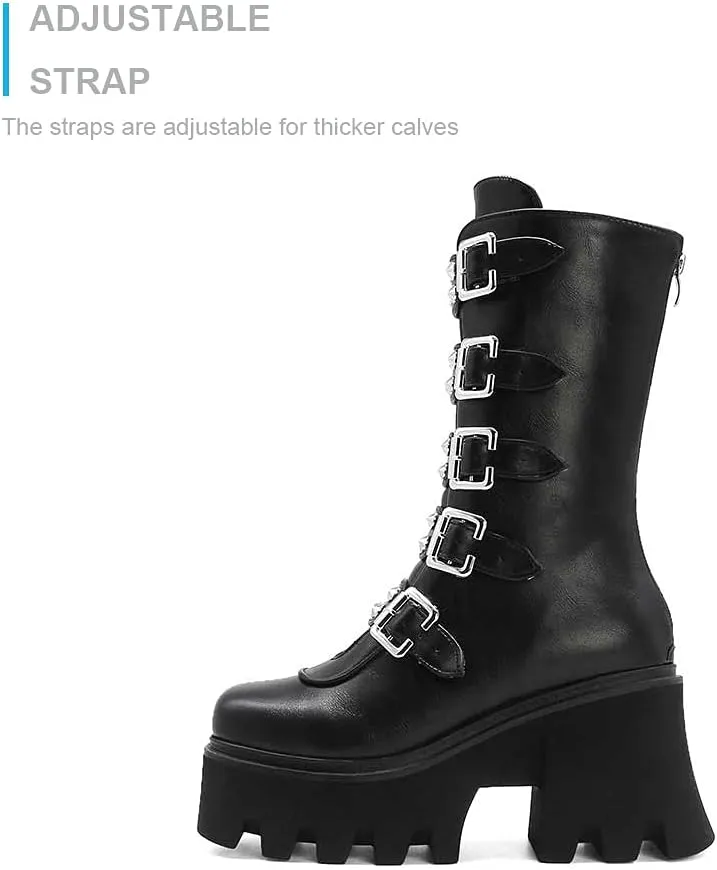 Studded Mid Calf Boots for Women Thick Platform Round Toe Black Goth Punk Buckle Rivet Combat lady boots