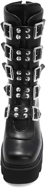 Studded Mid Calf Boots for Women Thick Platform Round Toe Black Goth Punk Buckle Rivet Combat lady boots