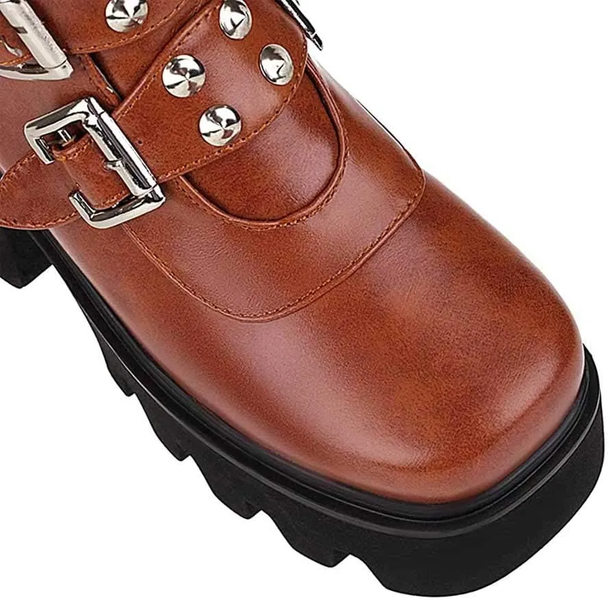 Studded Mid Calf Boots for Women Thick Platform Round Toe Black Goth Punk Buckle Rivet Combat lady boots