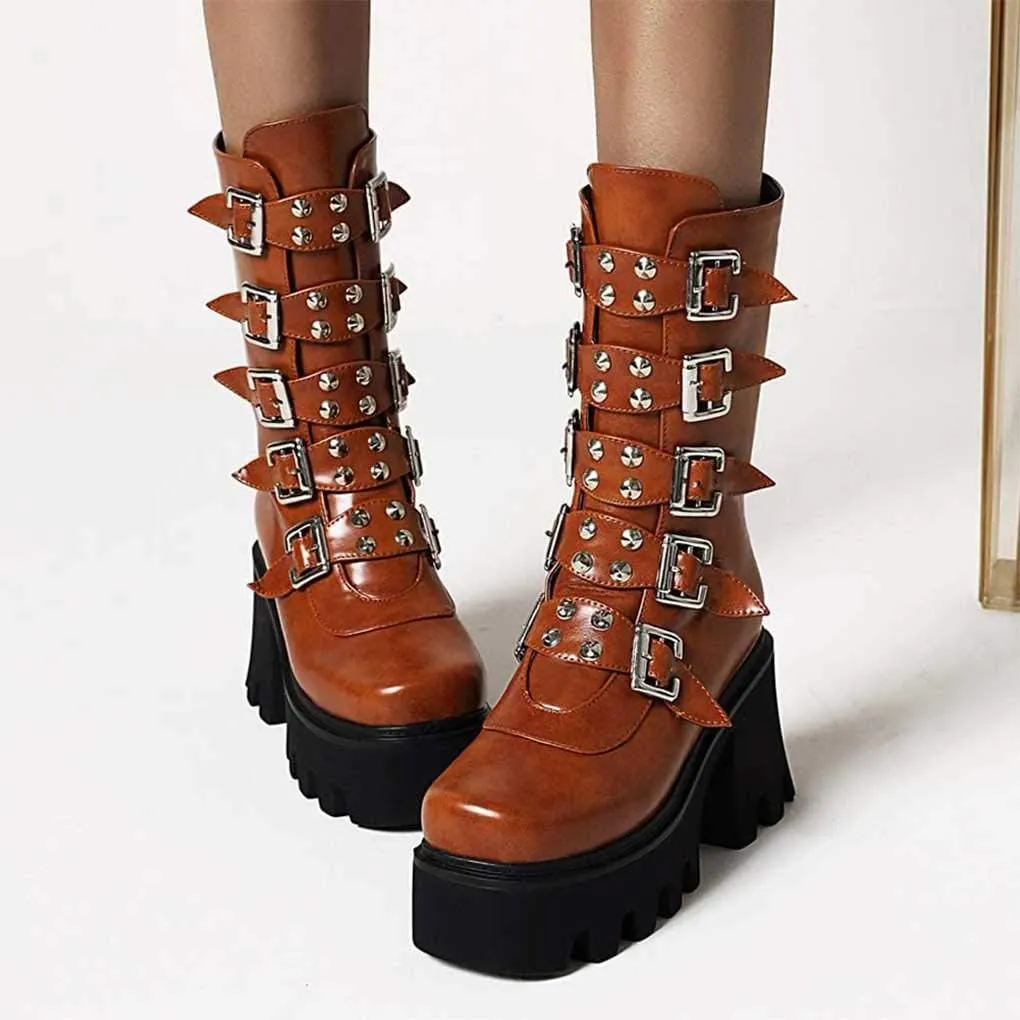 Studded Mid Calf Boots for Women Thick Platform Round Toe Black Goth Punk Buckle Rivet Combat lady boots