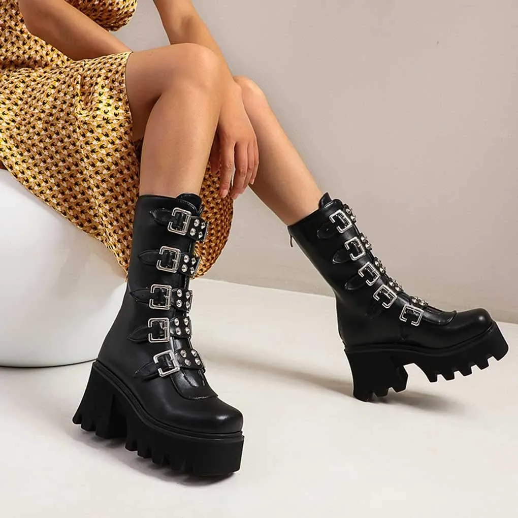 Studded Mid Calf Boots for Women Thick Platform Round Toe Black Goth Punk Buckle Rivet Combat lady boots