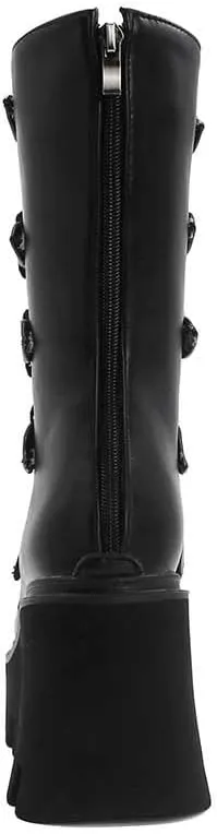 Studded Mid Calf Boots for Women Thick Platform Round Toe Black Goth Punk Buckle Rivet Combat lady boots