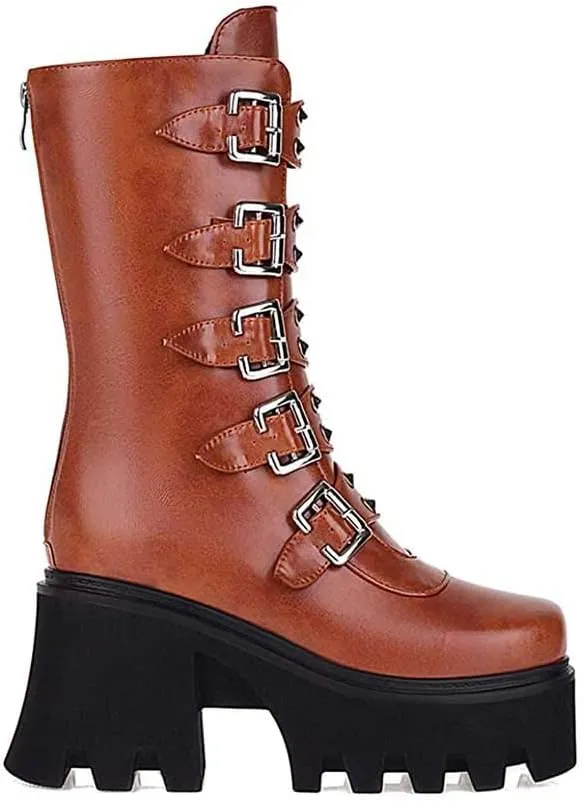 Studded Mid Calf Boots for Women Thick Platform Round Toe Black Goth Punk Buckle Rivet Combat lady boots