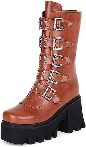 Studded Mid Calf Boots for Women Thick Platform Round Toe Black Goth Punk Buckle Rivet Combat lady boots