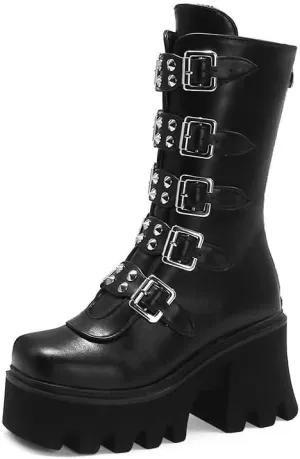 Studded Mid Calf Boots for Women Thick Platform Round Toe Black Goth Punk Buckle Rivet Combat lady boots