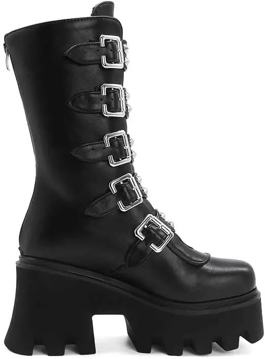 Studded Mid Calf Boots for Women Thick Platform Round Toe Black Goth Punk Buckle Rivet Combat lady boots