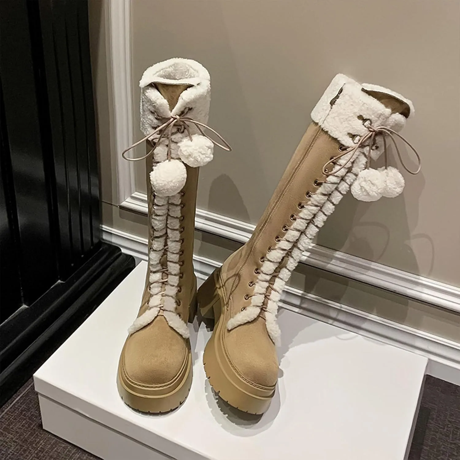 Suede Raw Edge Snow Boots, Thick Soled Low Heeled Lace Up Knee High Boots Short Plush Lined Warm Straight Boots Furry Rubber Bottom Non-Slip Winter Boots