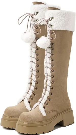 Suede Raw Edge Snow Boots, Thick Soled Low Heeled Lace Up Knee High Boots Short Plush Lined Warm Straight Boots Furry Rubber Bottom Non-Slip Winter Boots