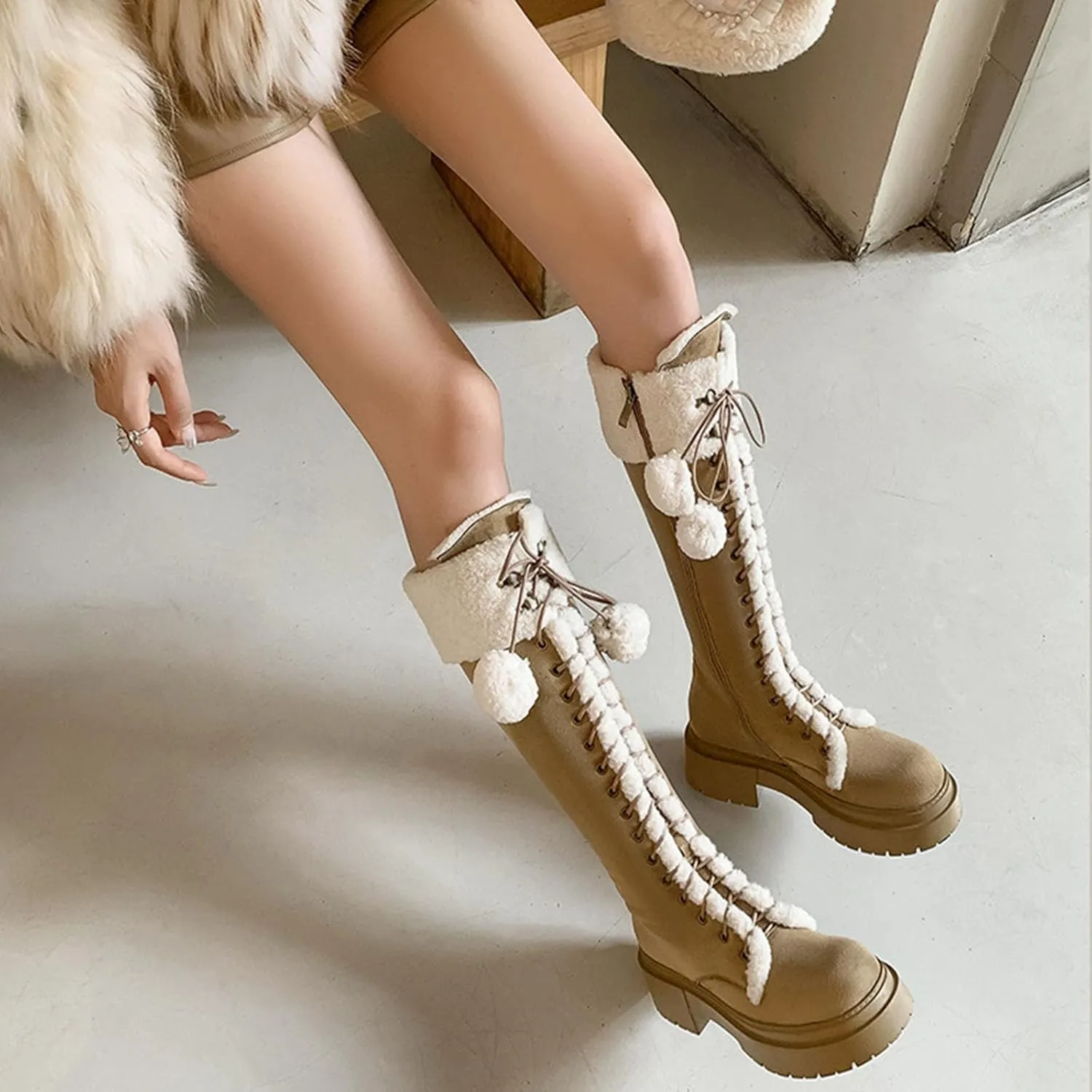 Suede Raw Edge Snow Boots, Thick Soled Low Heeled Lace Up Knee High Boots Short Plush Lined Warm Straight Boots Furry Rubber Bottom Non-Slip Winter Boots