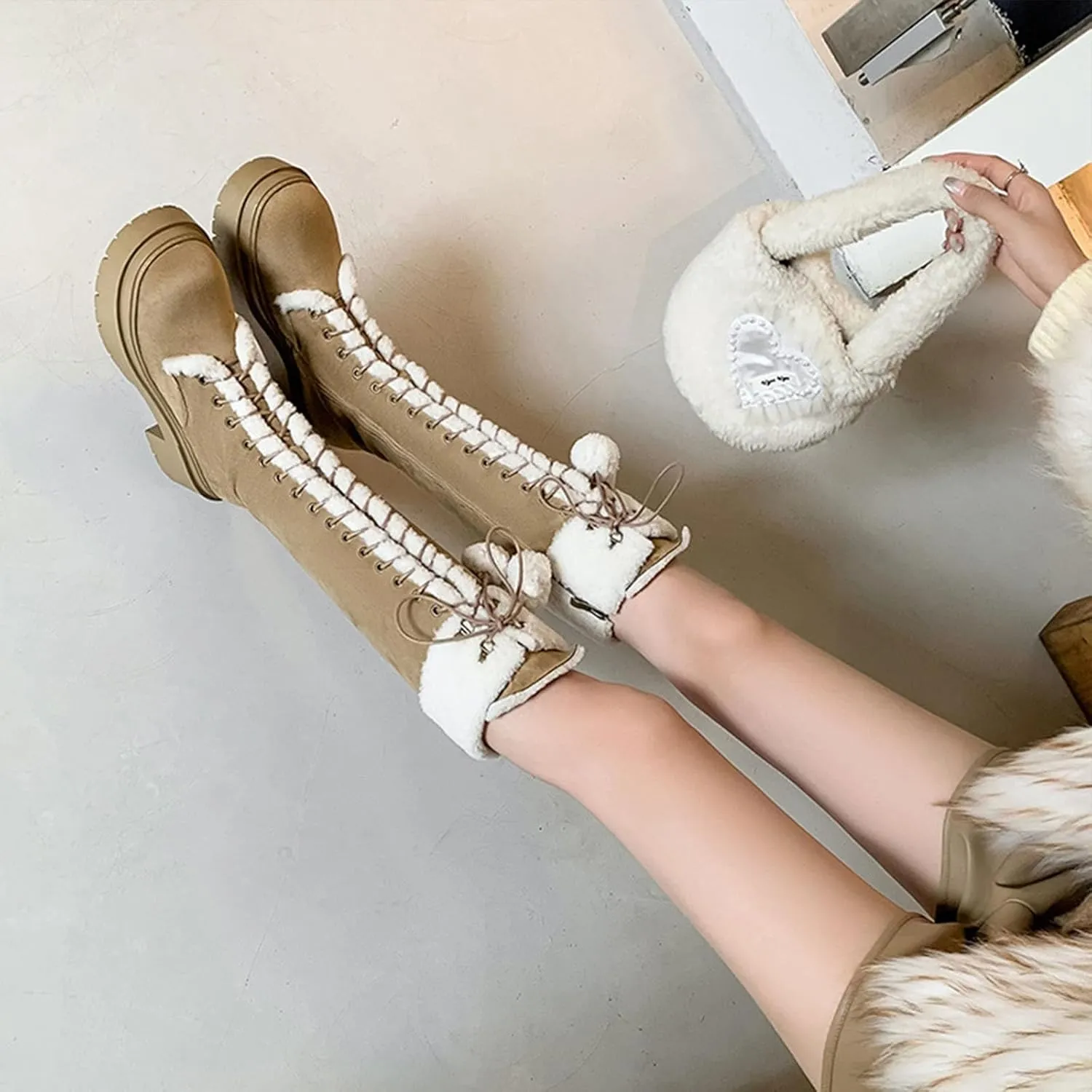 Suede Raw Edge Snow Boots, Thick Soled Low Heeled Lace Up Knee High Boots Short Plush Lined Warm Straight Boots Furry Rubber Bottom Non-Slip Winter Boots