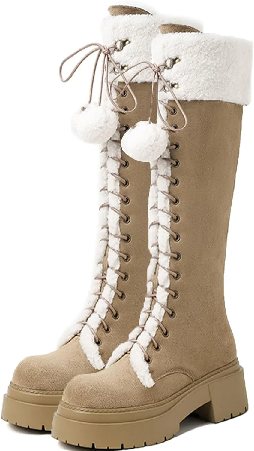 Suede Raw Edge Snow Boots, Thick Soled Low Heeled Lace Up Knee High Boots Short Plush Lined Warm Straight Boots Furry Rubber Bottom Non-Slip Winter Boots