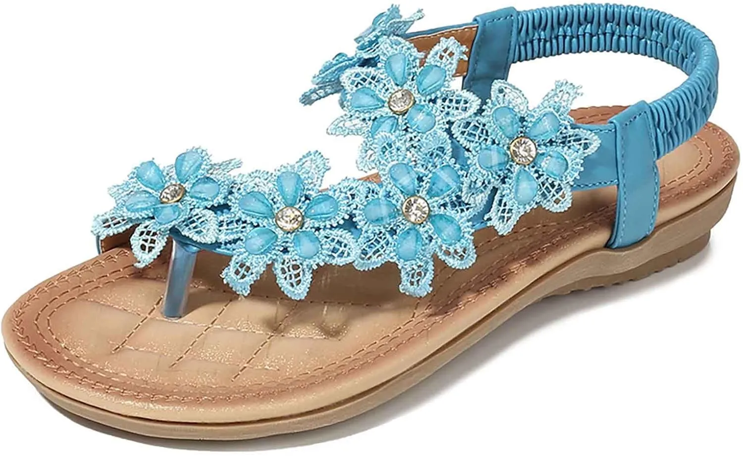 Summer Beach Sandals For Women 2025 Women's Dressy Flat Sandals with Flower,Open Toed Flats Travel Beach Sandal with Elastic Ankle Strap