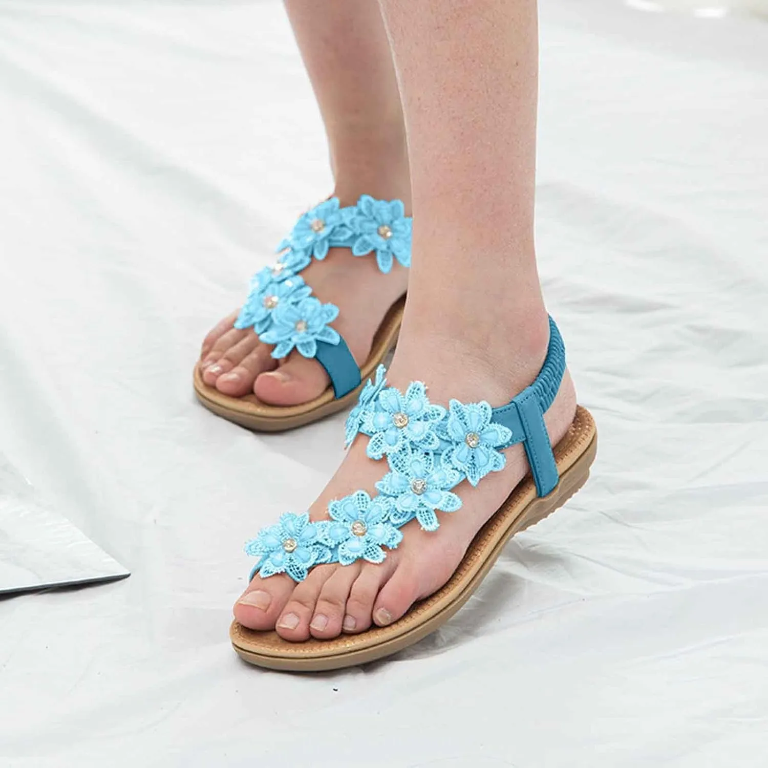 Summer Beach Sandals For Women 2025 Women's Dressy Flat Sandals with Flower,Open Toed Flats Travel Beach Sandal with Elastic Ankle Strap