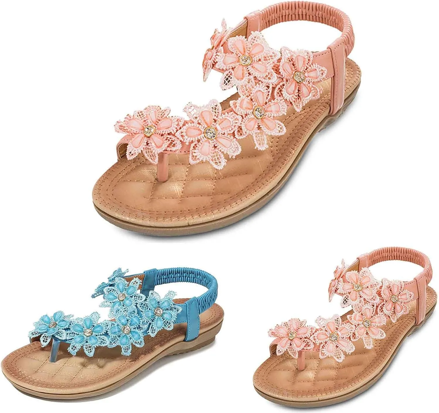 Summer Beach Sandals For Women 2025 Women's Dressy Flat Sandals with Flower,Open Toed Flats Travel Beach Sandal with Elastic Ankle Strap