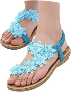 Summer Beach Sandals For Women 2025 Women's Dressy Flat Sandals with Flower,Open Toed Flats Travel Beach Sandal with Elastic Ankle Strap