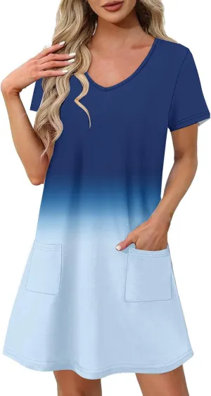 Summer Elegant Dress for Women V Neck Short Sleeve Trendy Skirts Comfy Gradient Color Dresses Walking Vacation