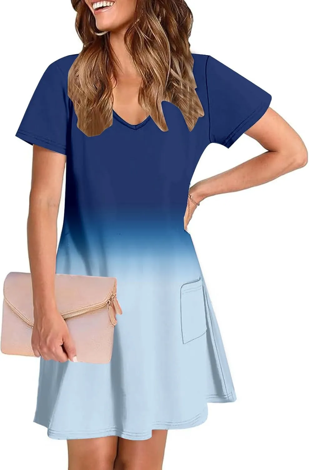 Summer Elegant Dress for Women V Neck Short Sleeve Trendy Skirts Comfy Gradient Color Dresses Walking Vacation