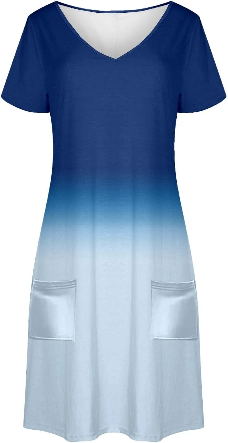 Summer Elegant Dress for Women V Neck Short Sleeve Trendy Skirts Comfy Gradient Color Dresses Walking Vacation