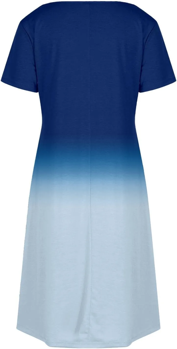 Summer Elegant Dress for Women V Neck Short Sleeve Trendy Skirts Comfy Gradient Color Dresses Walking Vacation