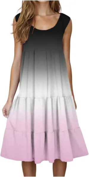 Summer Fashion Dress for Women Comfy Gradient Color Elegant Skirts Pleated Sleeveless Round Neck Dresses Daily