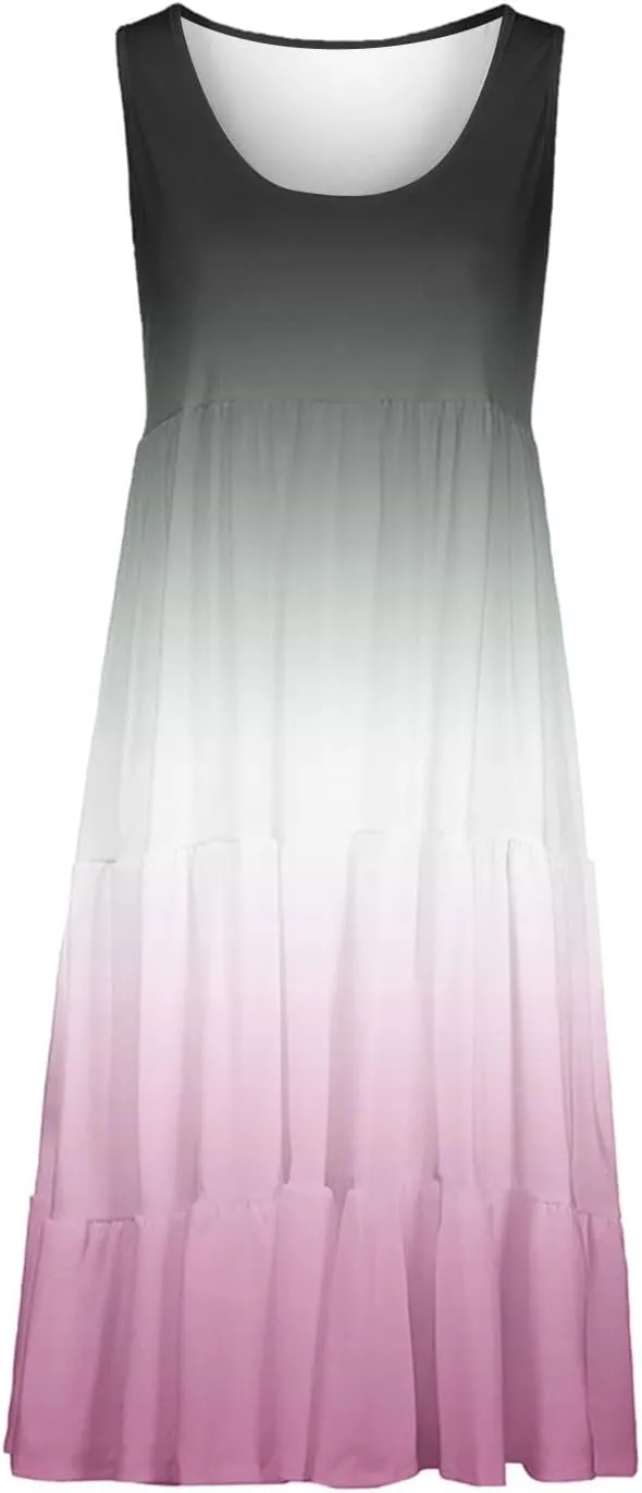 Summer Fashion Dress for Women Comfy Gradient Color Elegant Skirts Pleated Sleeveless Round Neck Dresses Daily