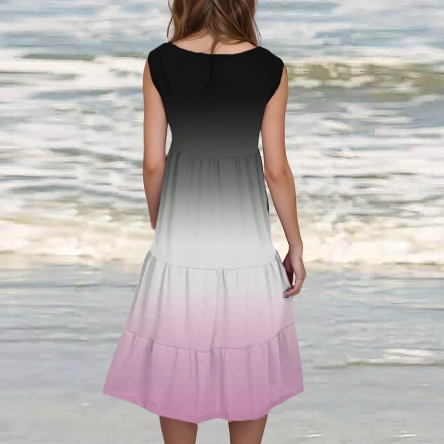 Summer Fashion Dress for Women Comfy Gradient Color Elegant Skirts Pleated Sleeveless Round Neck Dresses Daily
